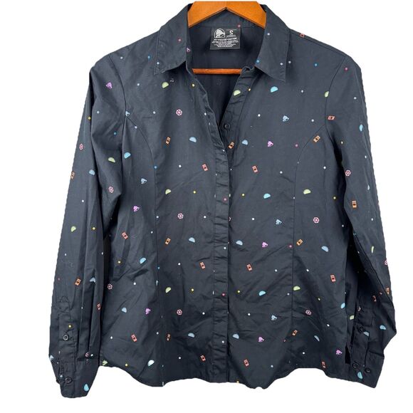 Taco Bell Shirt Women's Small Black Hot Sauce Tacos Print Button Up Long Sleeve - Picture 2 of 8